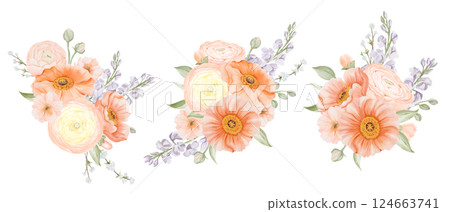 Spring Bouquets Set from Flowers in Pastel colors. Ranunculus and Iceland Poppies with Freesia, Peach or Cherry and Snow Willow Branches. Watercolor hand painted botanical illustration isolated on a Spring Bouquets Set from Flowers in Pastel colors. Ranunculus and Iceland Poppies with Freesia, Peach or Cherry and Snow Willow Branches. Watercolor hand painted botanical illustration isolated on a 124663741