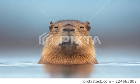 A capybara floats serenely in tranquil water, eyes gently closed, surrounded by soft colors of dawn, embodying relaxation and harmony in nature A capybara floats serenely in tranquil water, eyes gently closed, surrounded by soft colors of dawn, embodying relaxation and harmony in nature 124663802