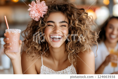 Joyful young hispanic woman enjoying a refreshing drink with pink flower in hair 124663938