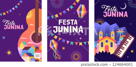 Festa Junina concept design. Brazilian music and dance summer festival carnival banner with city Festa Junina concept design. Brazilian music and dance summer festival carnival banner with city 124664001