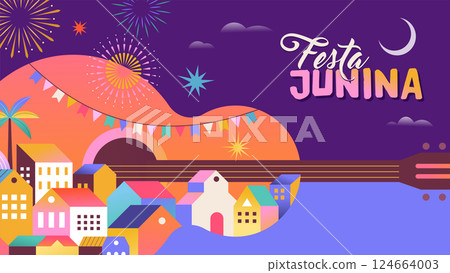Festa Junina concept design. Brazilian music and dance summer festival carnival banner with city Festa Junina concept design. Brazilian music and dance summer festival carnival banner with city 124664003