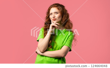 Thinking around woman on pink background. Puzzled lady looking answer, dreams of 124664048