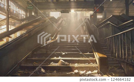 Stairs to an abandoned underground platform 124664182