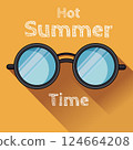 Bright round sunglasses in black frame with blue glasses. Orange background, hot like the midday sun. Perfect for posters, postcards or summer mood merch 124664208