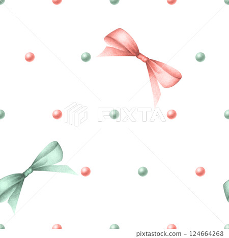 Watercolor coquette bows and beads in pastel red and green colors. Hand drawn seamless pattern isolated on white background. For festive packaging paper, textile, wrapping, fabric, scrapbooking paper. 124664268