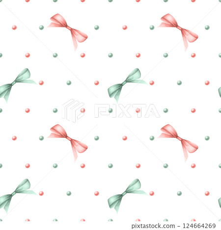 Watercolor coquette bows and beads in pastel red and green colors. Hand drawn seamless pattern isolated on white background for festive packaging paper, textile, wrapping, curtain, scrapbooking paper. 124664269