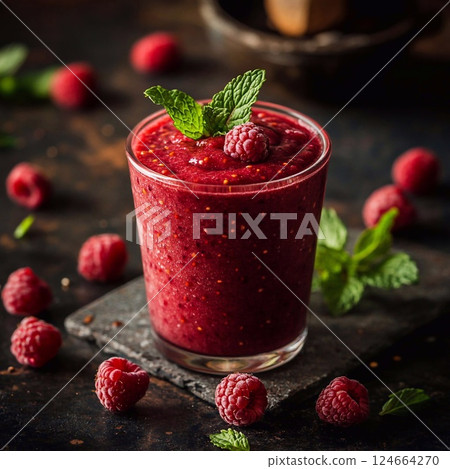 An appetizing raspberry smoothie, served in a glass on a stone tray, surrounded by raspberries and mint leaves on a dark background. Generative AI 124664270
