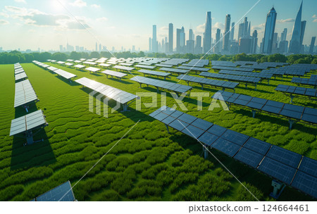 Solar Panels on Green Field with Modern City Skyline in Background 124664461