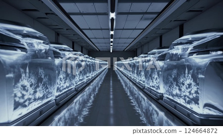 Frozen cars in futuristic warehouse 124664872
