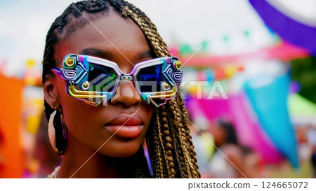 Stylish woman wearing futuristic sunglasses at music festival 124665072