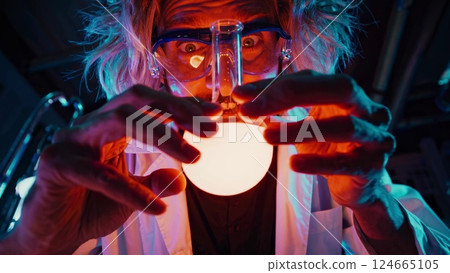Scientist observing glowing liquid in laboratory flask 124665105