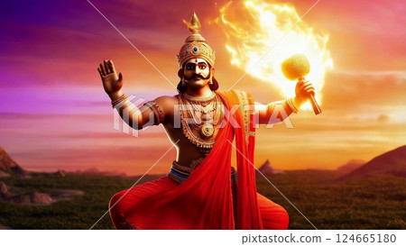 Majestic King Holding Flaming Mace at Sunset 124665180