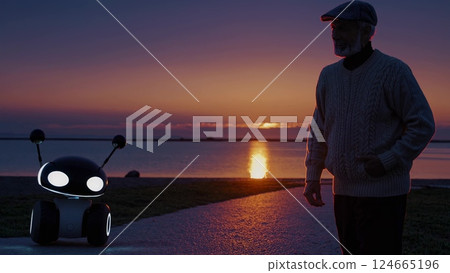Elderly man enjoying sunset with robot companion 124665196
