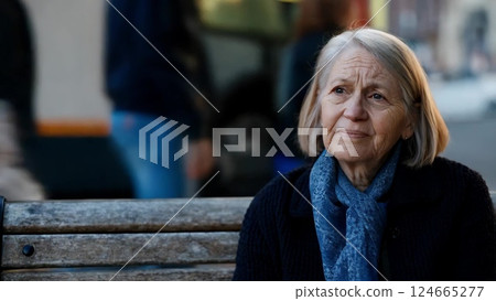 Elderly woman sitting on a bench looking pensive 124665277