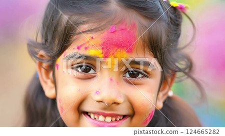 Young Girl Smiling with Colorful Powder on her Face Young Girl Smiling with Colorful Powder on her Face 124665282