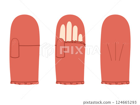 Igloo Mitten Gloves Wrist length orange red cartoon Fashion hand accessory clothing technical illustration garment front 124665293