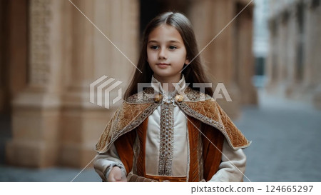Young girl wearing medieval costume posing in a historical place 124665297