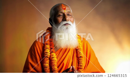 Spiritual leader meditating with closed eyes and orange clothes 124665315