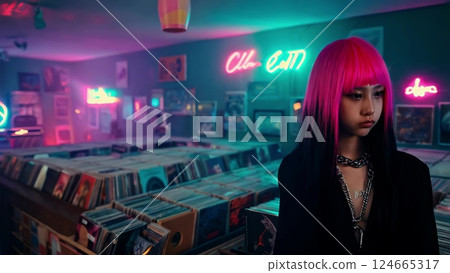 Young woman with pink hair standing in a vintage record store with neon lights 124665317