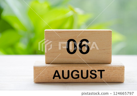 August 6 text on wooden blocks with customizable space for text or ideas. August month and calendar concept. August 6 text on wooden blocks with customizable space for text or ideas. August month and calendar concept. 124665797