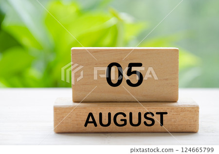 August 5 text on wooden blocks with customizable space for text or ideas. August month and calendar concept. August 5 text on wooden blocks with customizable space for text or ideas. August month and calendar concept. 124665799