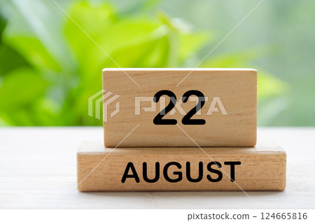 August 22 text on wooden blocks with customizable space for text or ideas. August month and calendar concept. August 22 text on wooden blocks with customizable space for text or ideas. August month and calendar concept. 124665816