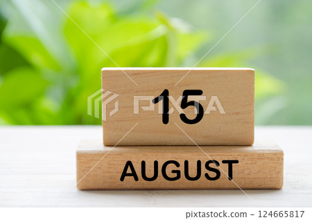 August 15 text on wooden blocks with customizable space for text or ideas. August month and calendar concept. 124665817
