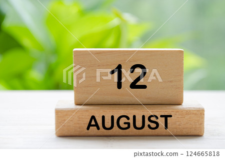August 12 text on wooden blocks with customizable space for text or ideas. August month and calendar concept. August 12 text on wooden blocks with customizable space for text or ideas. August month and calendar concept. 124665818