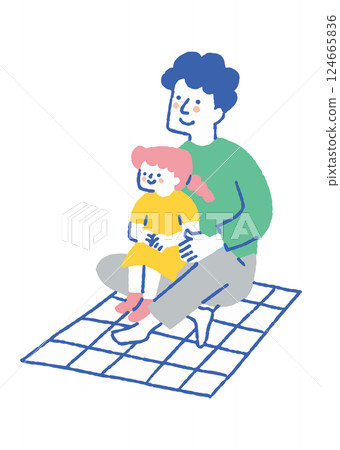 父親和女兒坐在野餐布上_顏色 124665836