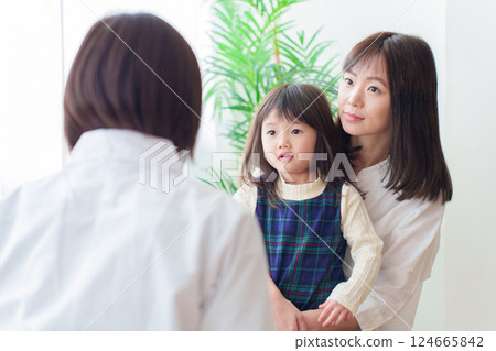 Girl receiving medical examination, pediatrician and mother Girl receiving medical examination, pediatrician and mother 124665842
