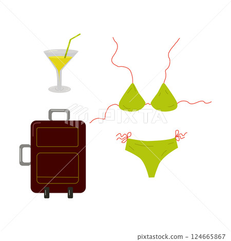 Summer clothing set Vector summertime Trend outfit. Suitcase swimsuit cocktail. Design for sales banner poster web page advertising printed materials. 124665867