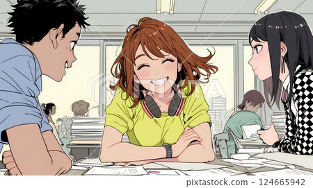 A positive workplace with lots of positive conversations: Employees exchange positive opinions with each other 124665942