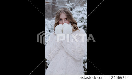 Blonde woman bundled in white fluffy coat, warming cold hands amid snow covered trees during peaceful winter landscape Blonde woman bundled in white fluffy coat, warming cold hands amid snow covered trees during peaceful winter landscape 124666214
