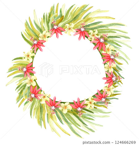 Flying golden pheasant, palm leaves and white tropical flowers watercolor wreath. Hand drawn rainforest nature isolated clipart, sketch style. Exotic paradise bird and plants round frame illustration 124666269