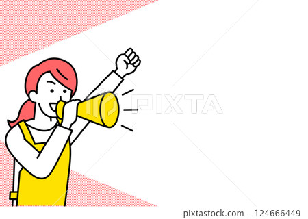一位身穿圍裙的女士拿著擴音器和影印空間歡呼 124666449