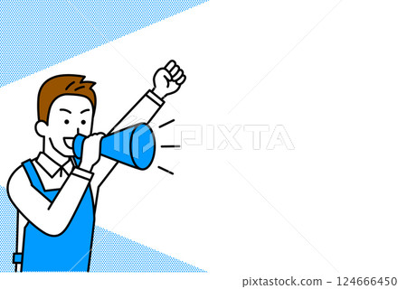 A man in an apron cheering with a megaphone and copy space 124666450