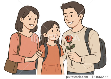 Daughter giving a bouquet on Father's Day Daughter giving a bouquet on Father's Day 124666456