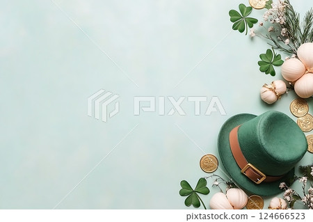 festive st. patrick's day flat lay. green leprechaun hat, shamrocks, gold coins, and flowers on a pastel green background. 124666523