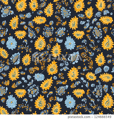yellow and blue paisley pattern fabric 124666549