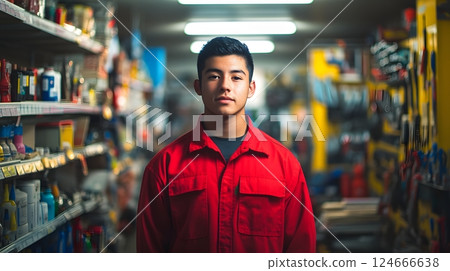 young man in red work uniform standing in hardware store 124666638