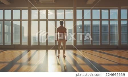 man in white pants standing by window in sunlight 124666639