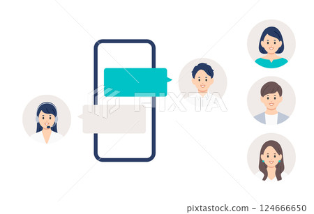 一個年輕男子在智慧型手機上與操作員聊天（替換圖示集）[人物向量插圖素材] 124666650