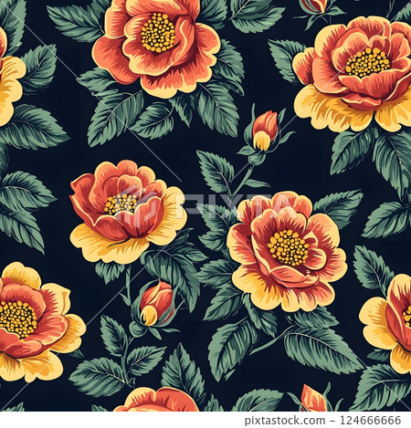 dark background floral seamless pattern with orange roses 124666666