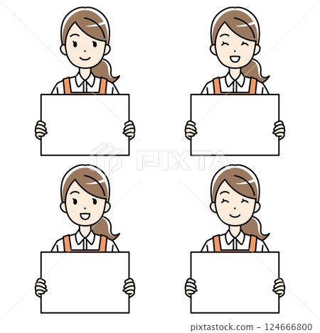 一名身穿圍裙的年輕女子拿著翻領帶的插圖 一名身穿圍裙的年輕女子拿著翻領帶的插圖 124666800