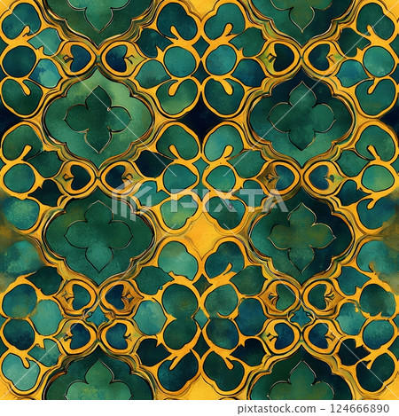 emerald gold arabesque tile pattern 124666890