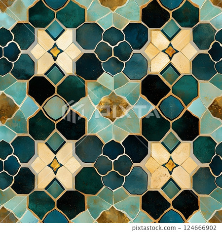 teal and gold geometric tile pattern 124666902