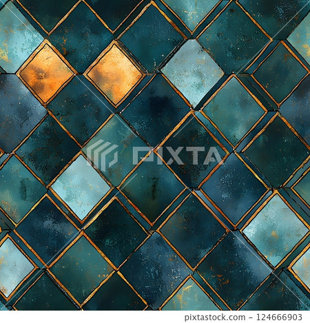 teal and gold diamond pattern tile background 124666903