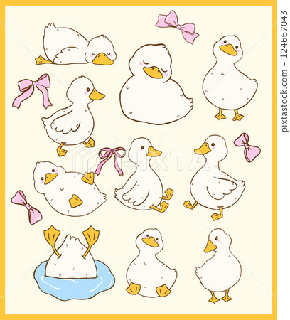 Cute Coquette Call Duck Cartoon Farm Animal Collection Hand Drawn Quirky Kid Design 124667043
