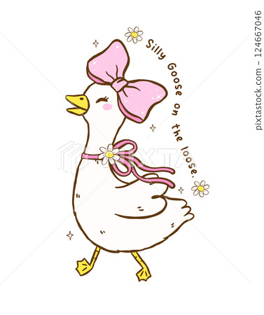 Cute Coquette Silly Goose On the loose Cartoon Cottagecore Spring Hand Drawn Playful Girly Character 124667046