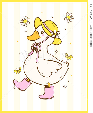 Cute Cottagecore Spring White Call Duck wear Rainboots Cartoon Animal Hand Drawn Quirky Kid Design Illustration 124667054